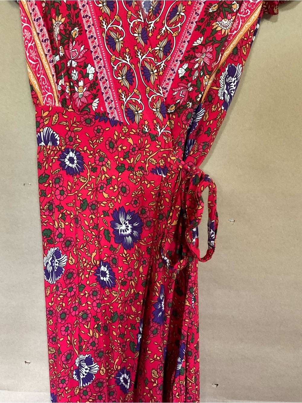 Pretty Garden. Red Floral Wrap Maxi Dress with Tie Waist. Size L - Picture 3 of 10